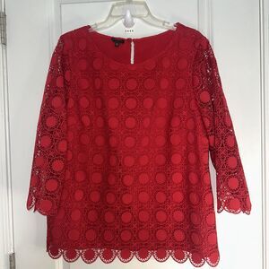 Talbots XL Womens 3/4 Sleeve Blouse Red Lace Eyelet Wedding Romantic Party